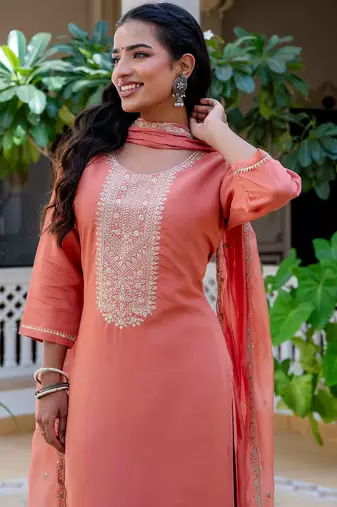 Floral embroidered silk blend round neck kurta trouser & dupatta set