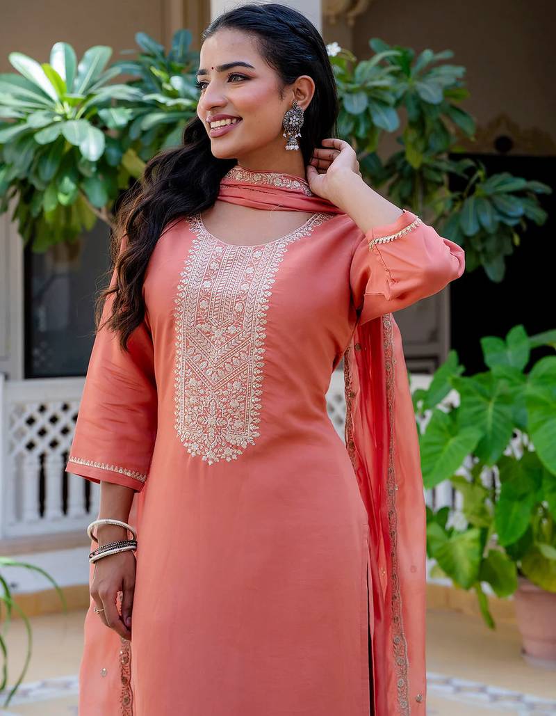 Floral embroidered silk round neck kurta trouser & dupatta set