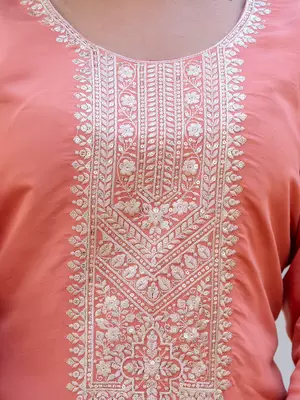 Floral embroidered silk blend round neck kurta trouser & dupatta set 4