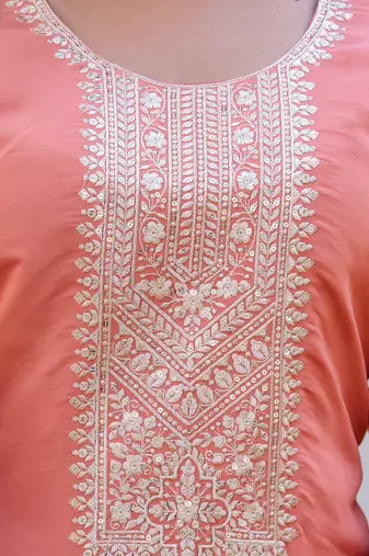 Floral embroidered silk blend round neck kurta trouser & dupatta set