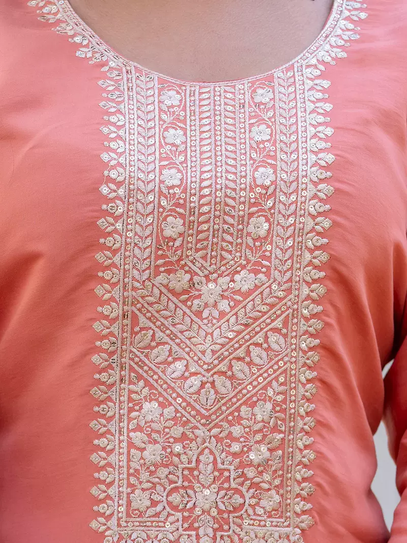 Floral embroidered silk round neck kurta trouser & dupatta set