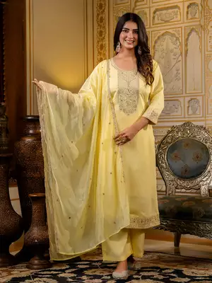 Floral embroidered silk blend round neck kurta trouser & dupatta set 1