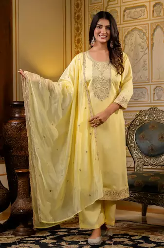 Floral embroidered silk round neck kurta trouser & dupatta set