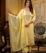 Floral embroidered silk round neck kurta trouser & dupatta set