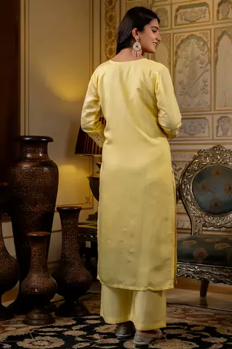 Floral embroidered silk blend round neck kurta trouser & dupatta set