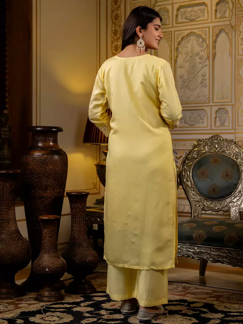 Floral embroidered silk round neck kurta trouser & dupatta set