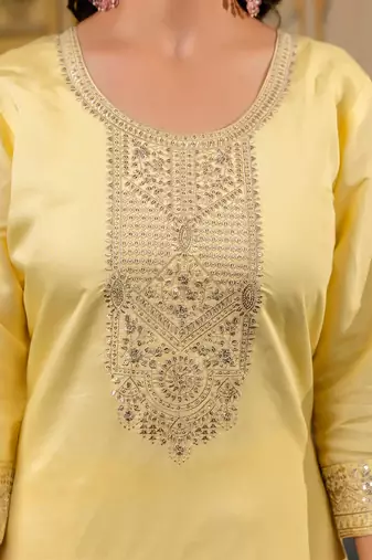Floral embroidered silk blend round neck kurta trouser & dupatta set