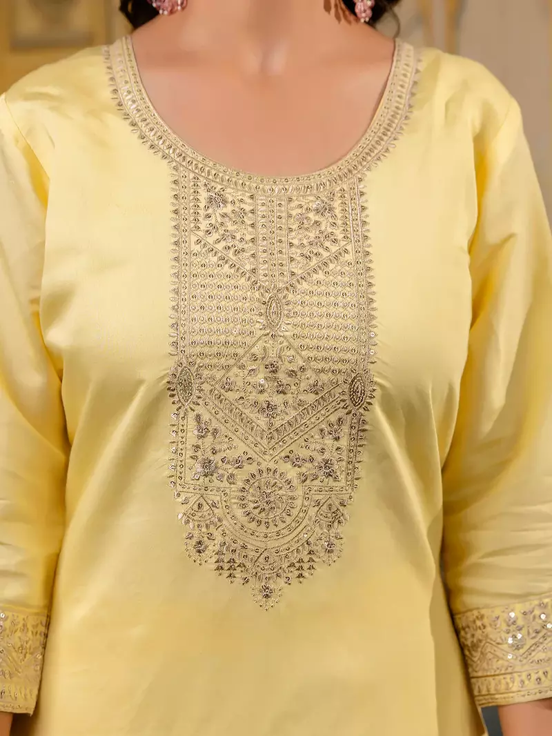 Floral embroidered silk round neck kurta trouser & dupatta set