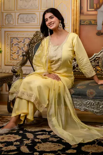 Floral embroidered silk blend round neck kurta trouser & dupatta set