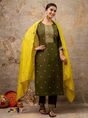 Floral embroidered silk blend round neck kurta trouser & dupatta set 1