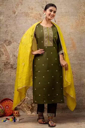 Floral embroidered silk round neck kurta trouser & dupatta set