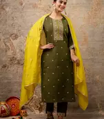 Floral embroidered silk round neck kurta trouser & dupatta set
