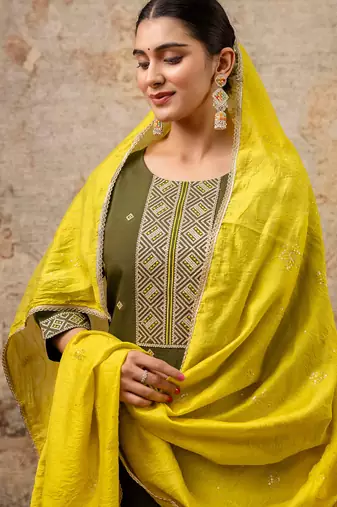 Floral embroidered silk blend round neck kurta trouser & dupatta set