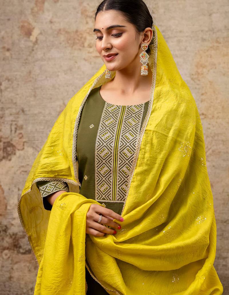 Floral embroidered silk round neck kurta trouser & dupatta set