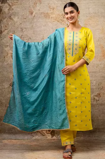 Floral embroidered silk round neck kurta trouser & dupatta set