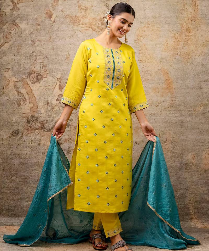 Floral embroidered silk round neck kurta trouser & dupatta set