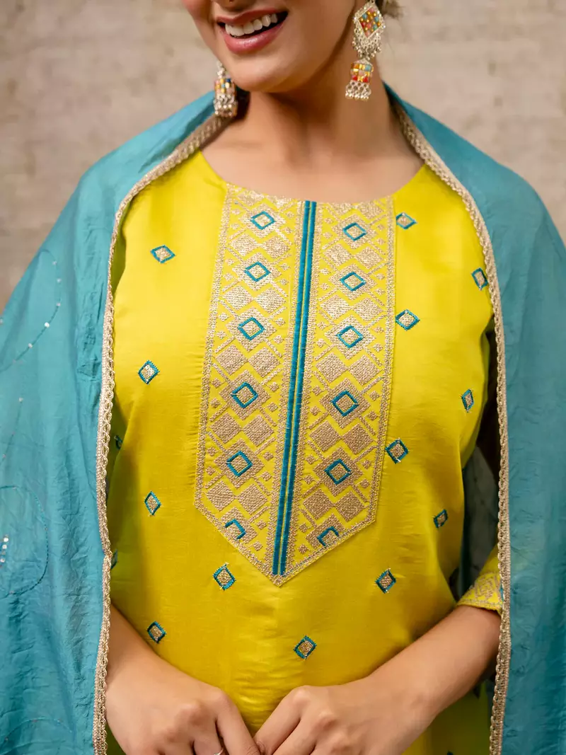 Floral embroidered silk round neck kurta trouser & dupatta set