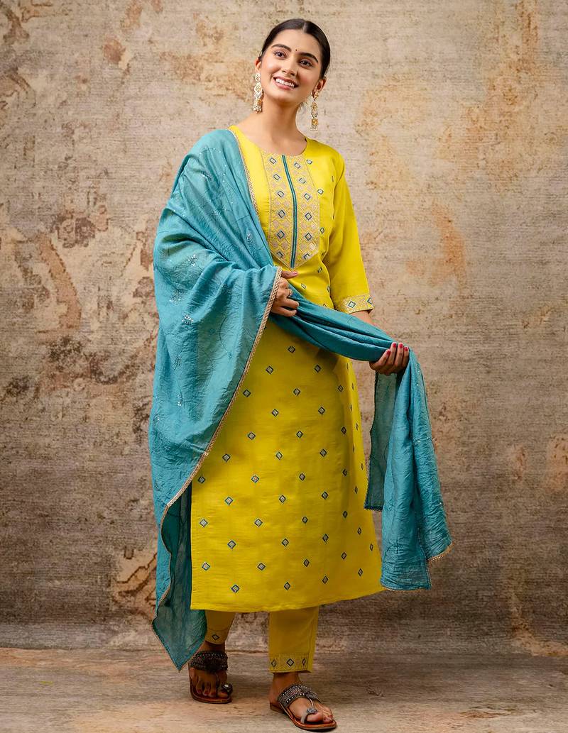 Floral embroidered silk round neck kurta trouser & dupatta set