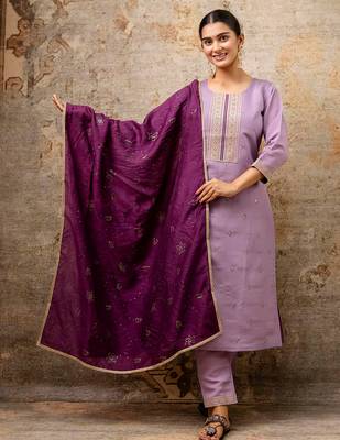 Floral embroidered silk blend round neck kurta trouser & dupatta set 1