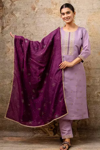 Floral embroidered silk round neck kurta trouser & dupatta set
