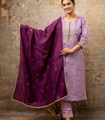 Floral embroidered silk round neck kurta trouser & dupatta set