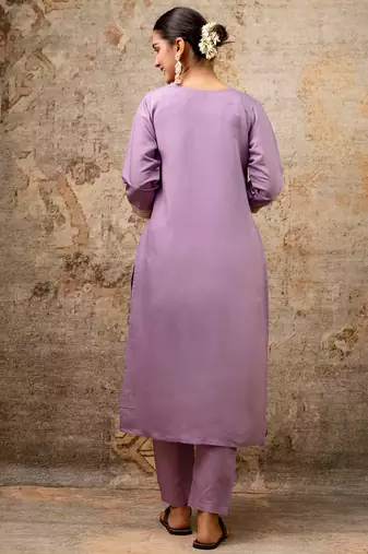 Floral embroidered silk blend round neck kurta trouser & dupatta set