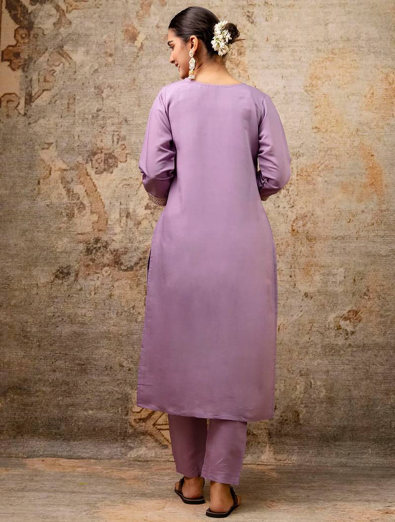 Floral embroidered silk round neck kurta trouser & dupatta set