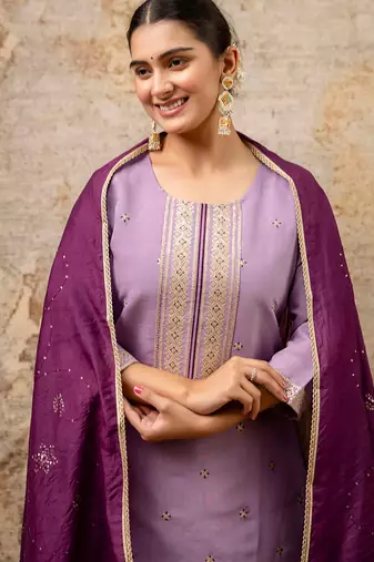Floral embroidered silk blend round neck kurta trouser & dupatta set