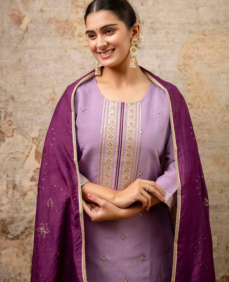 Floral embroidered silk round neck kurta trouser & dupatta set