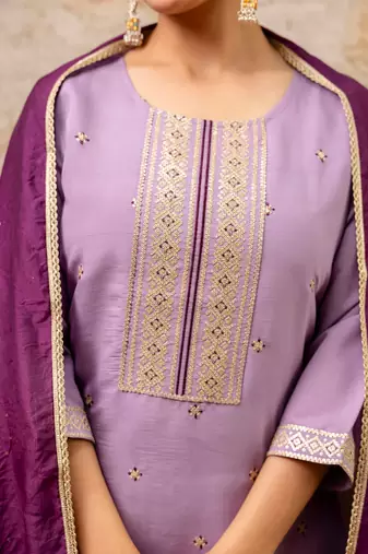 Floral embroidered silk blend round neck kurta trouser & dupatta set