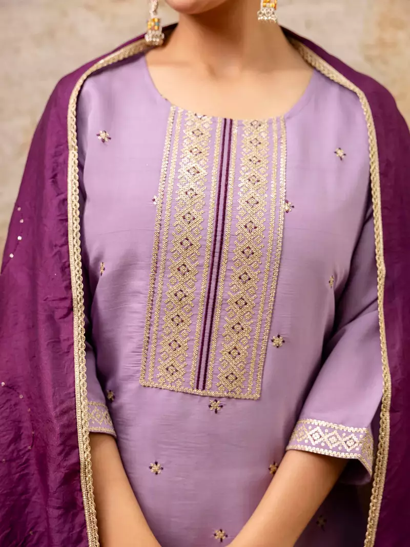 Floral embroidered silk round neck kurta trouser & dupatta set