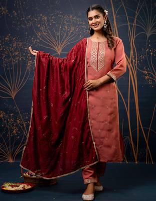 Floral embroidered silk blend round neck kurta trouser & dupatta set 1