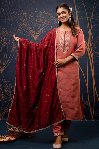 Floral embroidered silk blend round neck kurta trouser & dupatta set