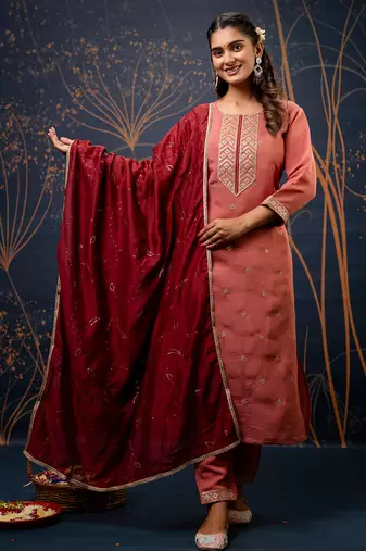 Floral embroidered silk round neck kurta trouser & dupatta set