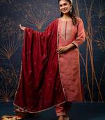 Floral embroidered silk round neck kurta trouser & dupatta set