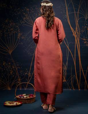 Floral embroidered silk blend round neck kurta trouser & dupatta set 2