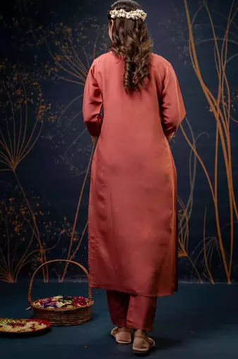Floral embroidered silk blend round neck kurta trouser & dupatta set