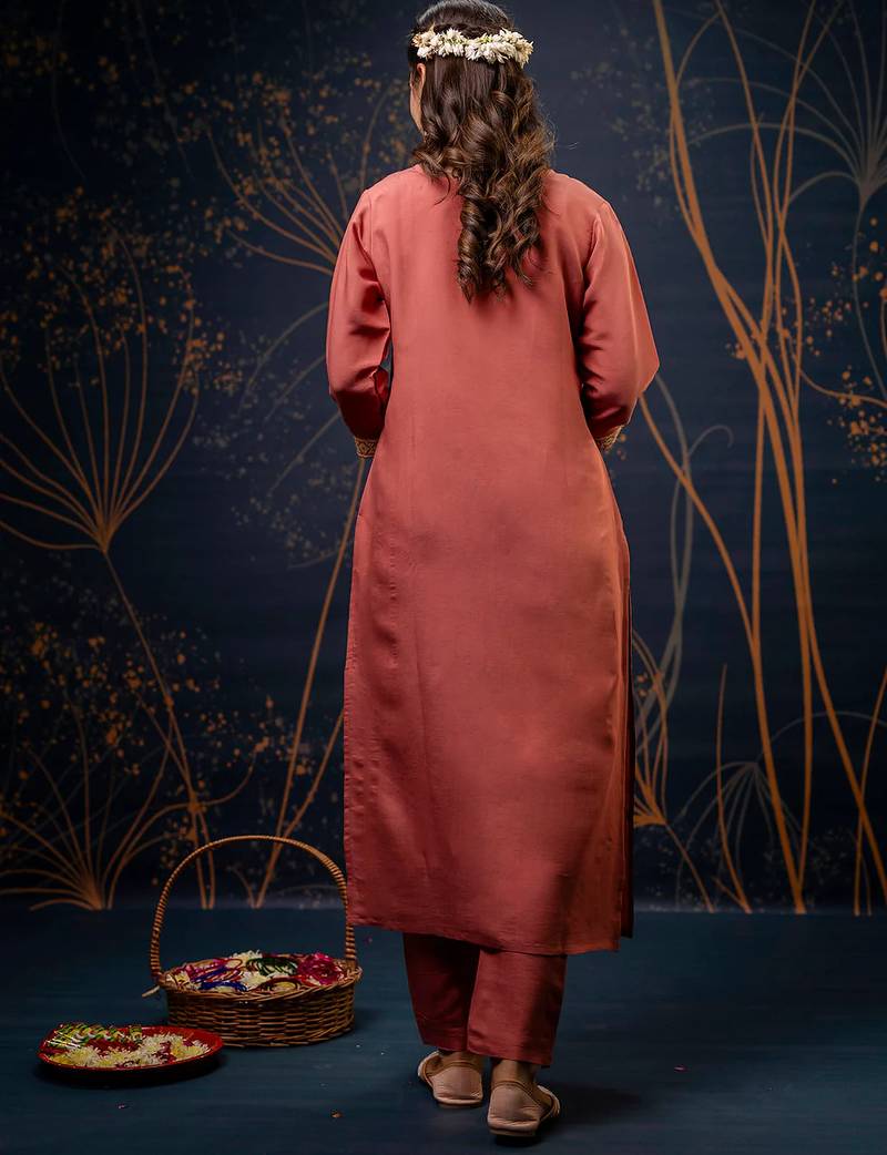 Floral embroidered silk round neck kurta trouser & dupatta set