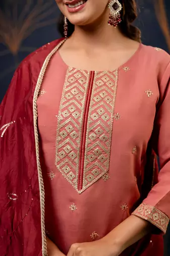 Floral embroidered silk blend round neck kurta trouser & dupatta set