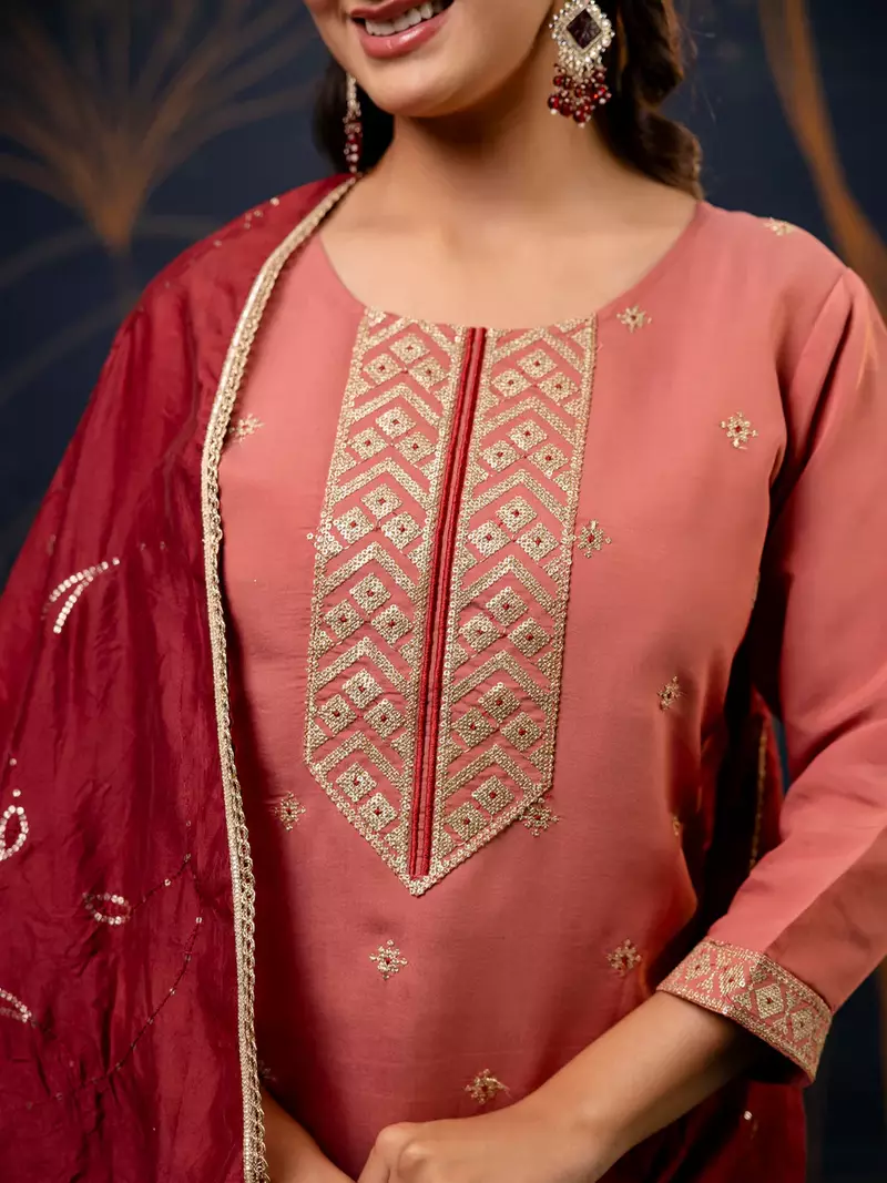Floral embroidered silk round neck kurta trouser & dupatta set