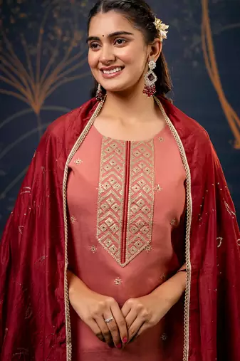 Floral embroidered silk blend round neck kurta trouser & dupatta set