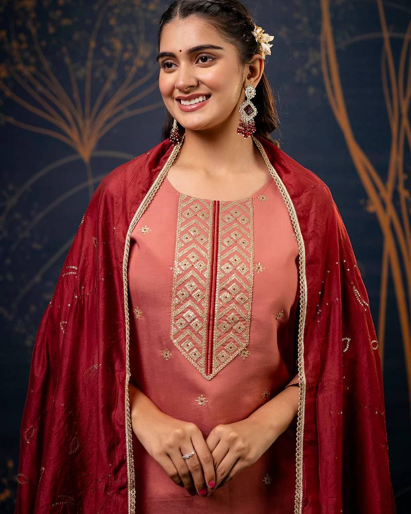 Floral embroidered silk round neck kurta trouser & dupatta set