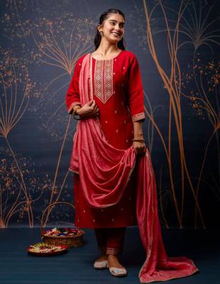 Floral embroidered silk blend round neck kurta trouser & dupatta set 1
