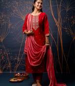 Floral embroidered silk round neck kurta trouser & dupatta set