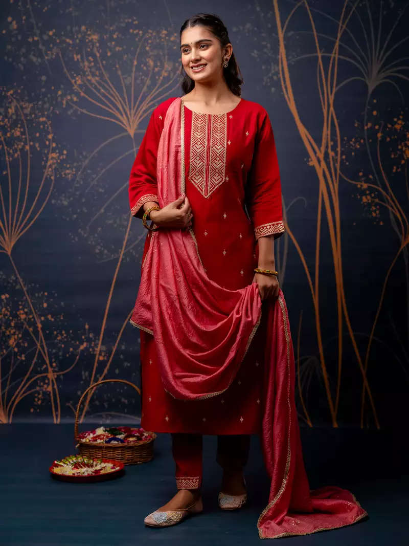 Floral embroidered silk round neck kurta trouser & dupatta set