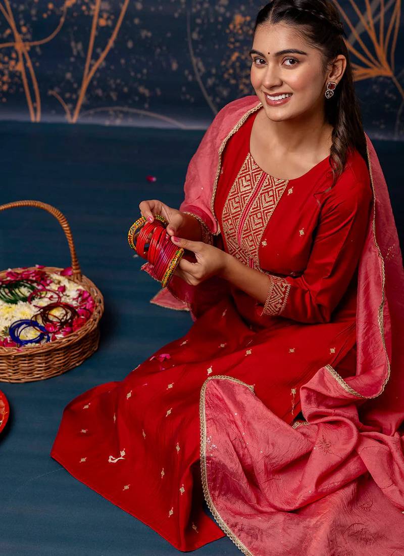 Floral embroidered silk round neck kurta trouser & dupatta set