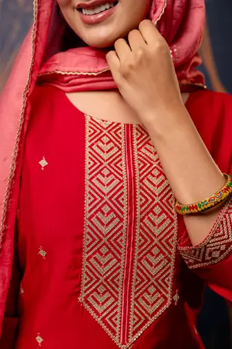 Floral embroidered silk blend round neck kurta trouser & dupatta set