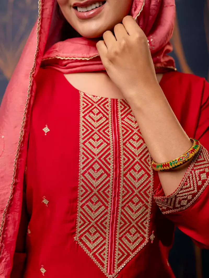 Floral embroidered silk round neck kurta trouser & dupatta set
