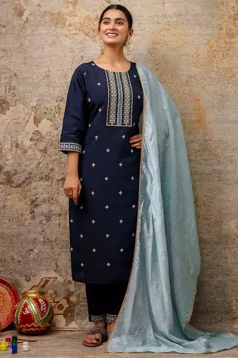 Floral embroidered silk round neck kurta trouser & dupatta set