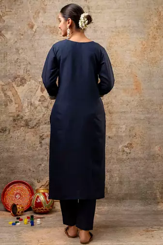 Floral embroidered silk blend round neck kurta trouser & dupatta set